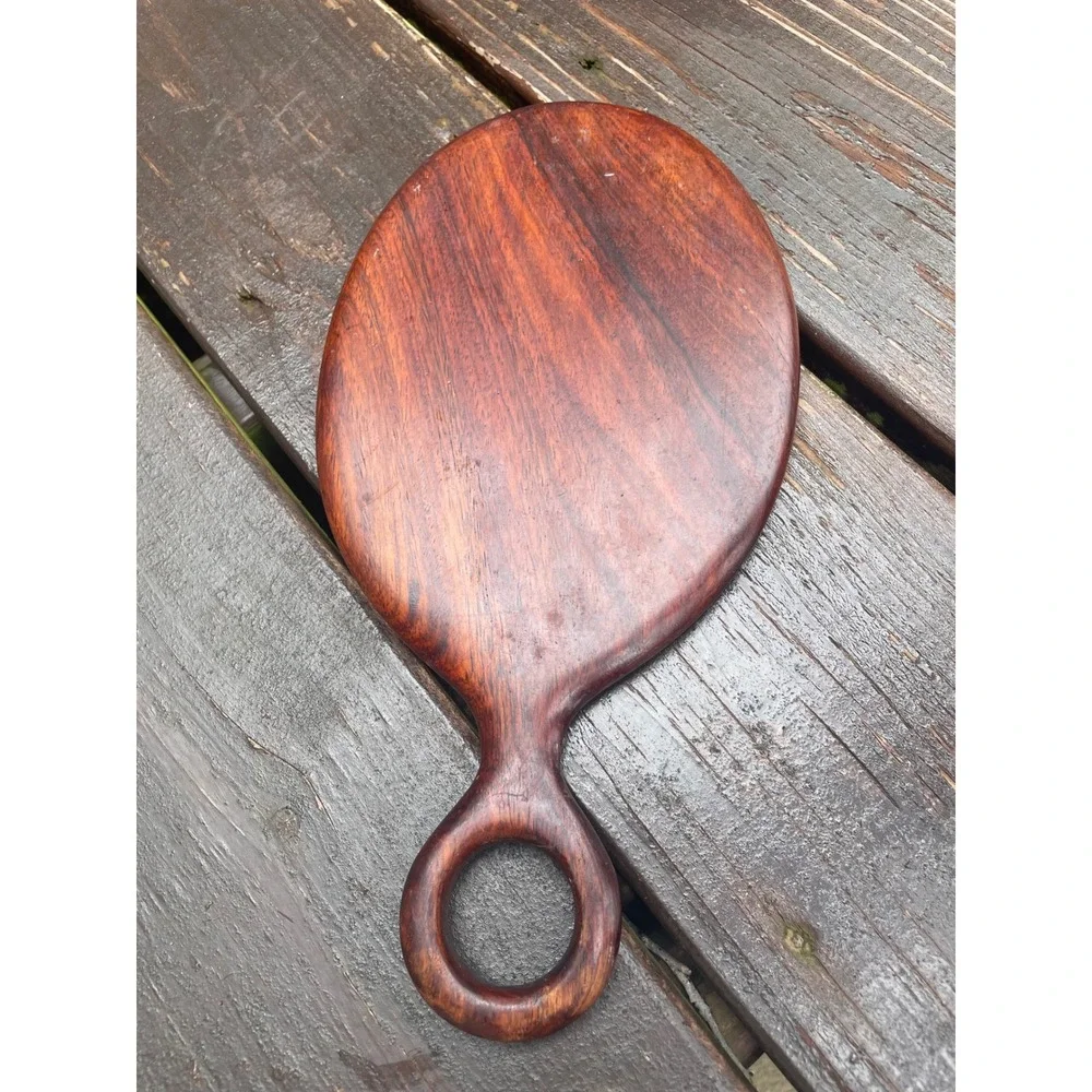 Vintage Wood Hand Mirror Beveled Oval Glass Ring Handle Brown Rosewood